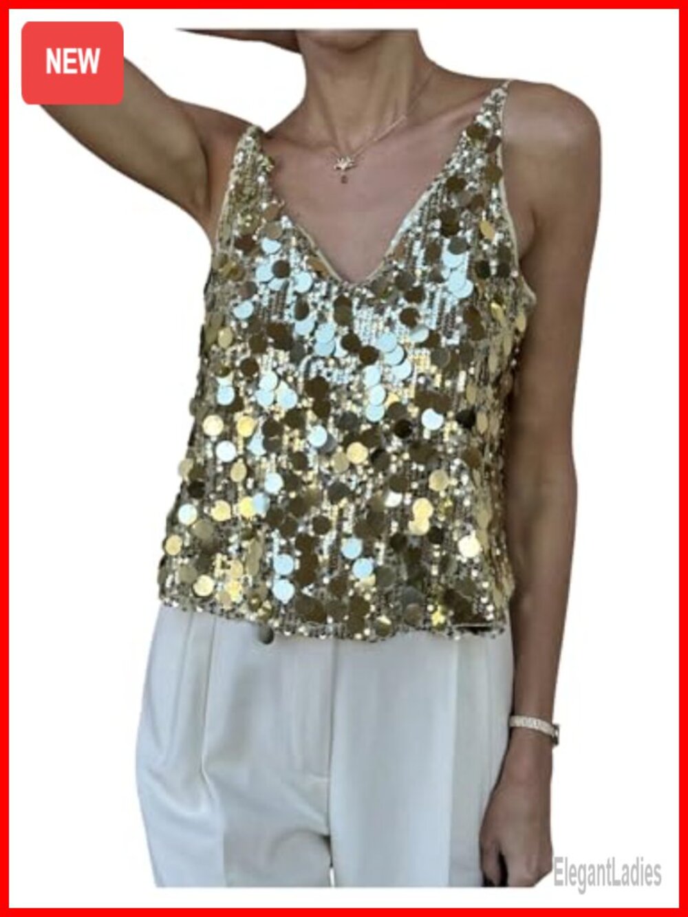 Y2K Sequin Tank Top Sleeveless V-Neck Party Clubwear Cami